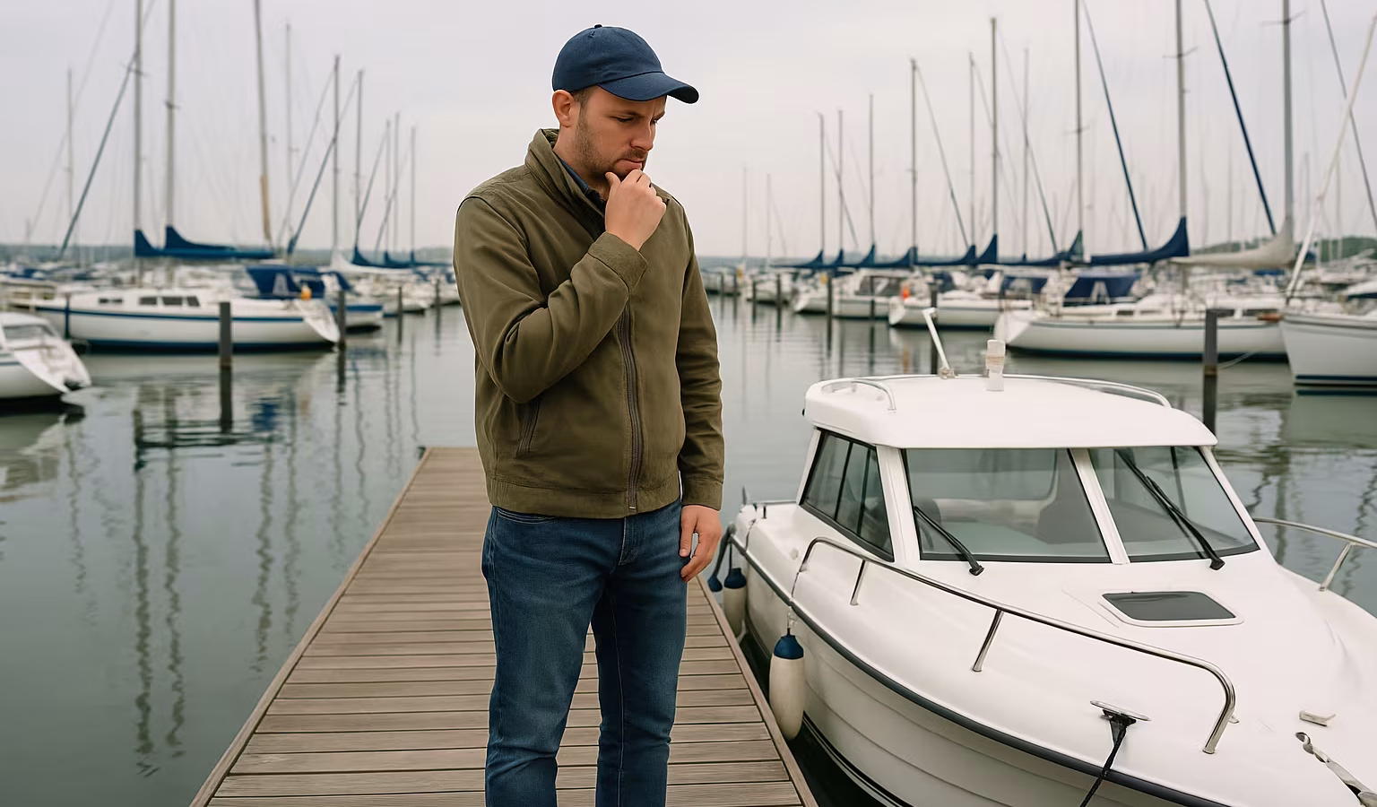 Bootseigner steht nachdenklich am Steg neben seinem Motorboot in einer Marina