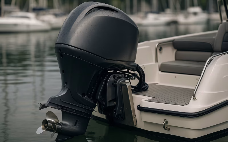 Moderner Außenborder am Heck eines Sportbootes in der Marina