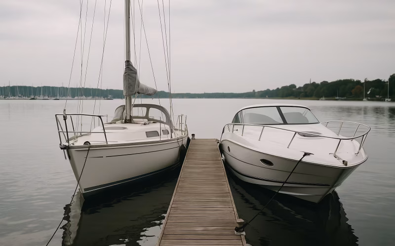 Segelyacht und Motorboot nebeneinander am Steg in einer Marina