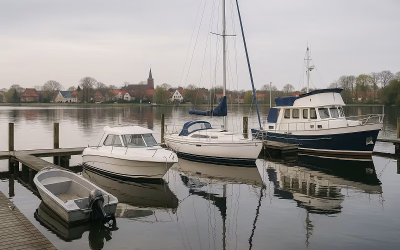 Verschiedene Bootstypen nebeneinander an einem Steg in einer Marina