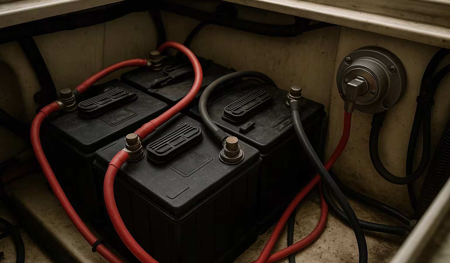 Bordbatterien mit roten und schwarzen Kabeln im Maschinenraum eines Bootes