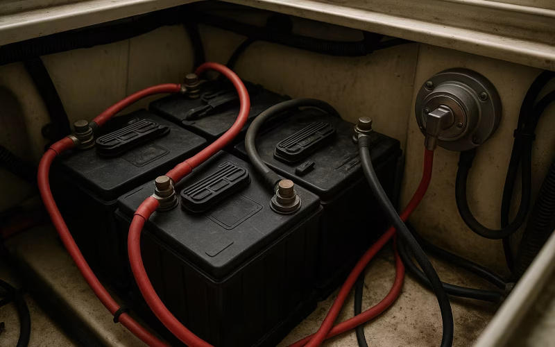 Bordbatterien mit roten und schwarzen Kabeln im Maschinenraum eines Bootes