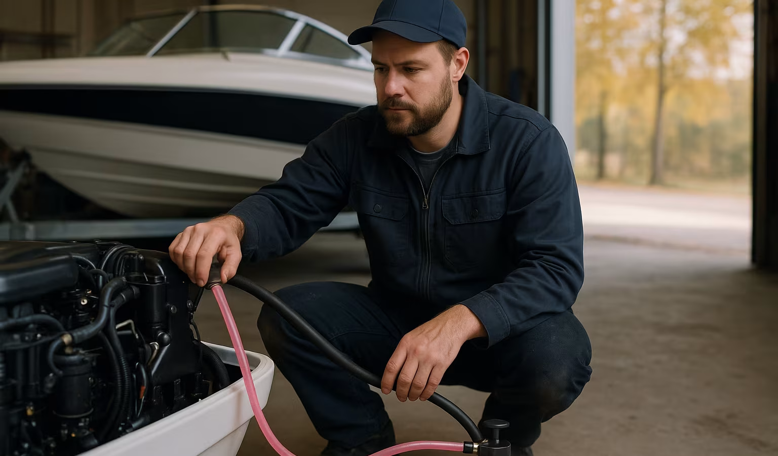 Mechaniker presst rosa Frostschutzmittel in einen Bootsmotor in der Werkstatt
