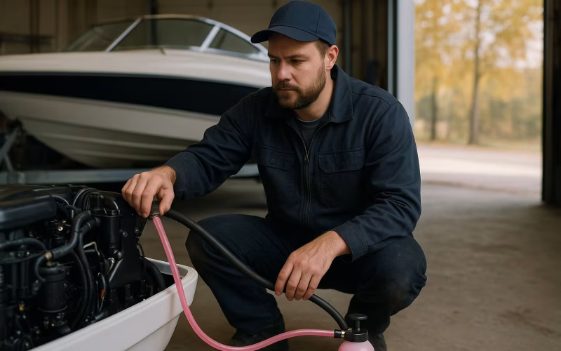 Mechaniker presst rosa Frostschutzmittel in einen Bootsmotor in der Werkstatt
