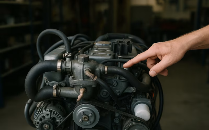 Bootsmotor in der Werkstatt, eine Hand zeigt auf das Thermostatgehäuse und die Kühlung