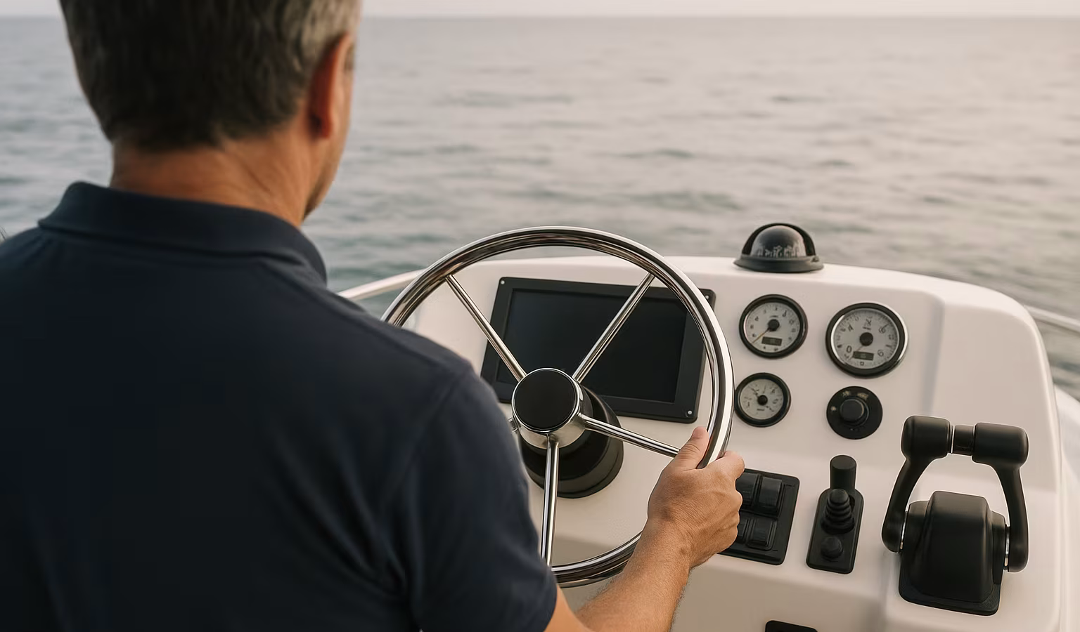 Skipper am Steuerstand eines Motorboots mit Instrumenten und offenem Wasser voraus