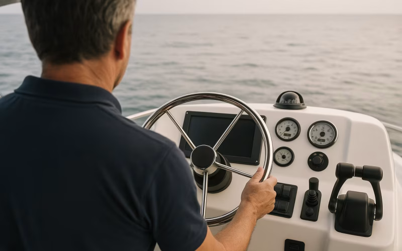 Skipper am Steuerstand eines Motorboots mit Instrumenten und offenem Wasser voraus
