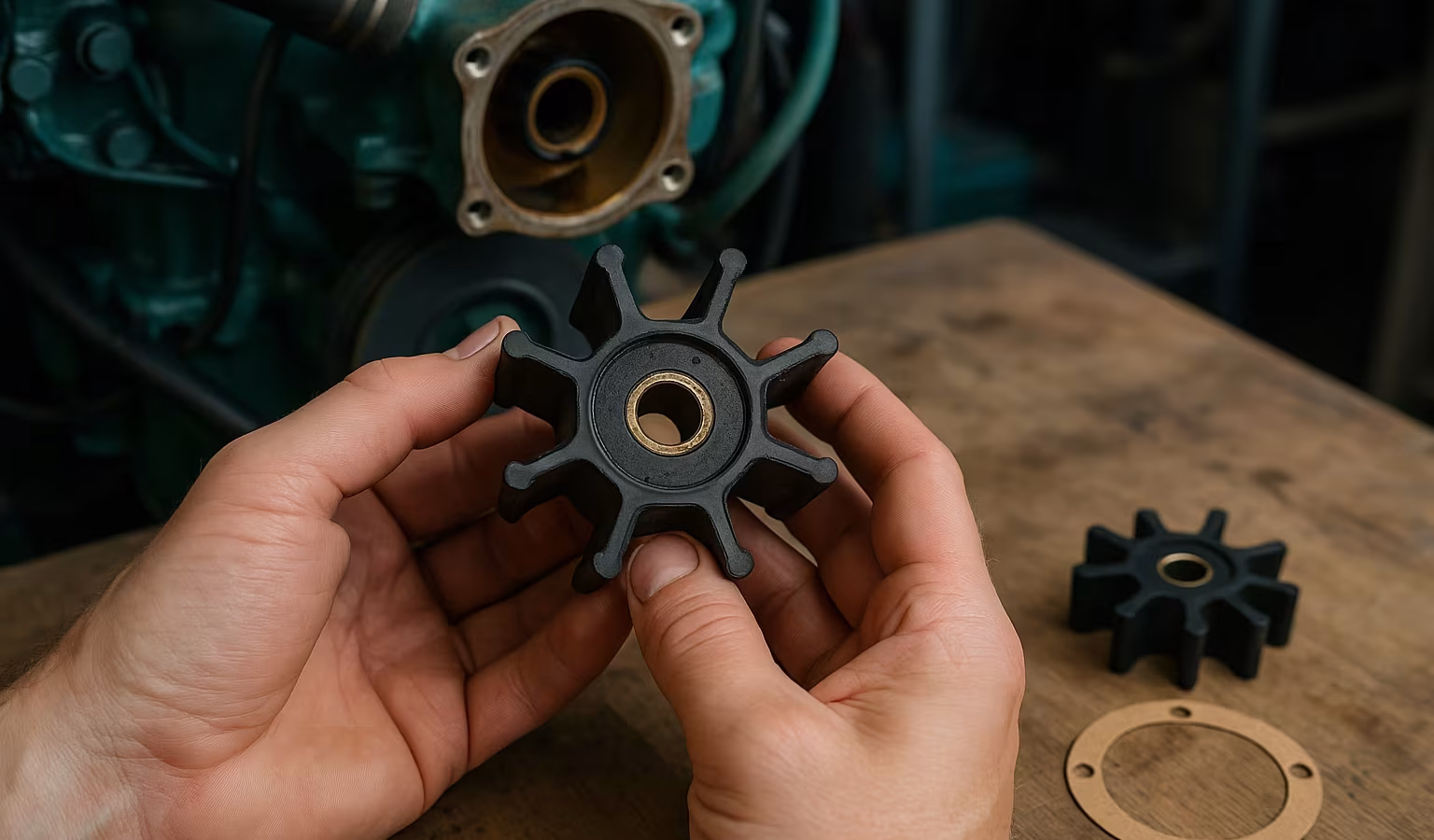 Hand hält einen Impeller vor der geöffneten Wasserpumpe eines Bootsmotors