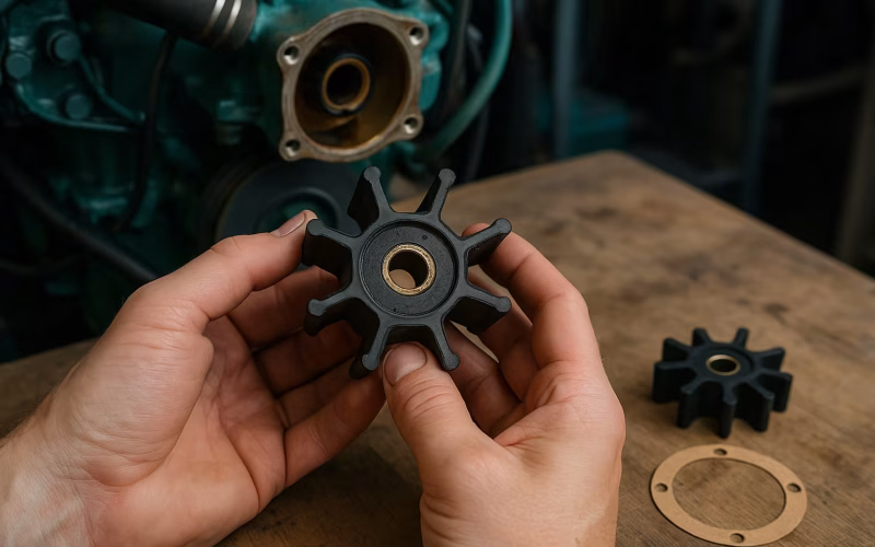 Hand hält einen Impeller vor der geöffneten Wasserpumpe eines Bootsmotors
