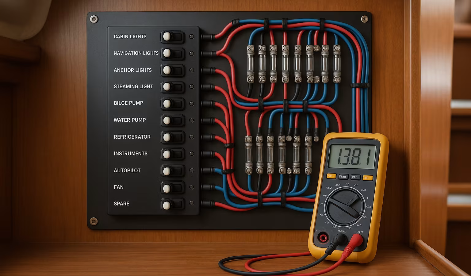 12-Volt-Schalttafel eines Bootes mit beschrifteten Schaltern und einem Multimeter