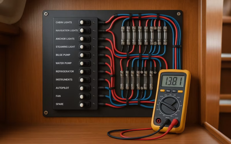 12-Volt-Schalttafel eines Bootes mit beschrifteten Schaltern und einem Multimeter