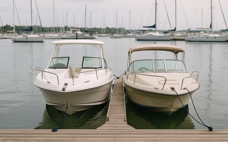 Ein neues und ein gebrauchtes Motorboot nebeneinander an einem Steg in einer Marina