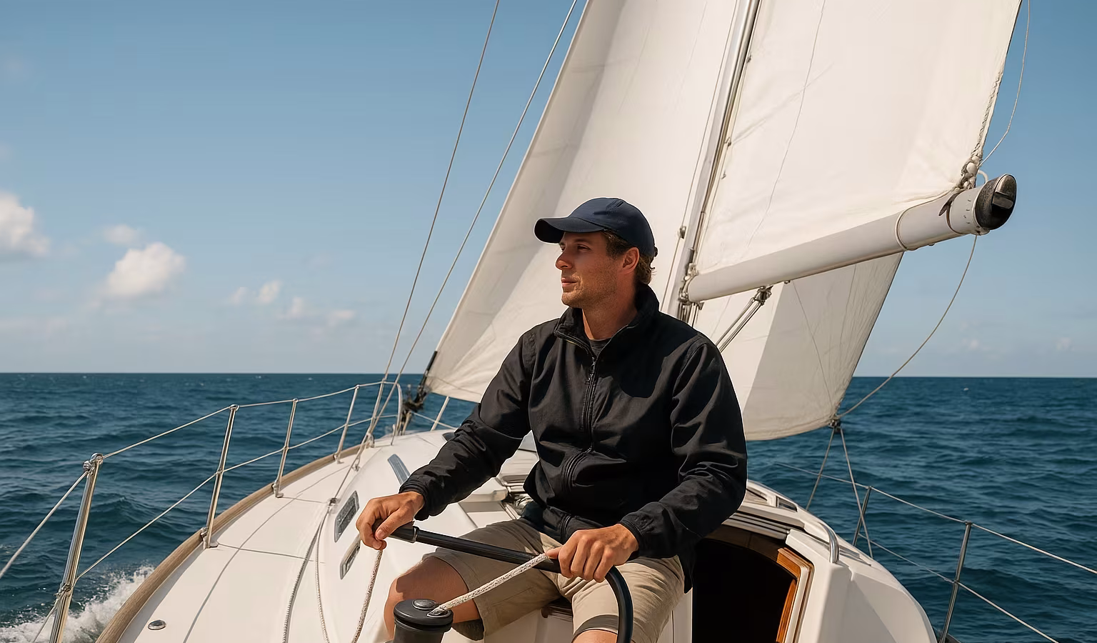 Segler am Ruder einer Segelyacht unter vollen Segeln auf blauem Meer