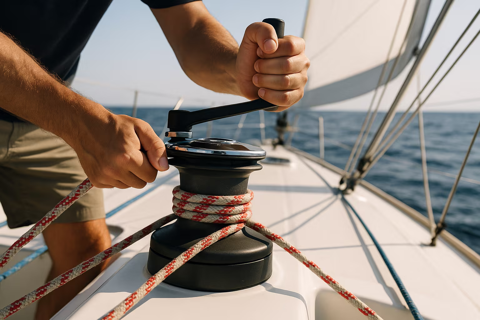 Hände trimmen eine Schot an der Winsch einer Segelyacht