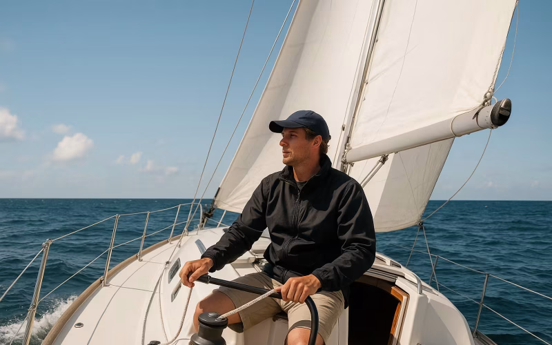 Segler am Ruder einer Segelyacht unter vollen Segeln auf blauem Meer