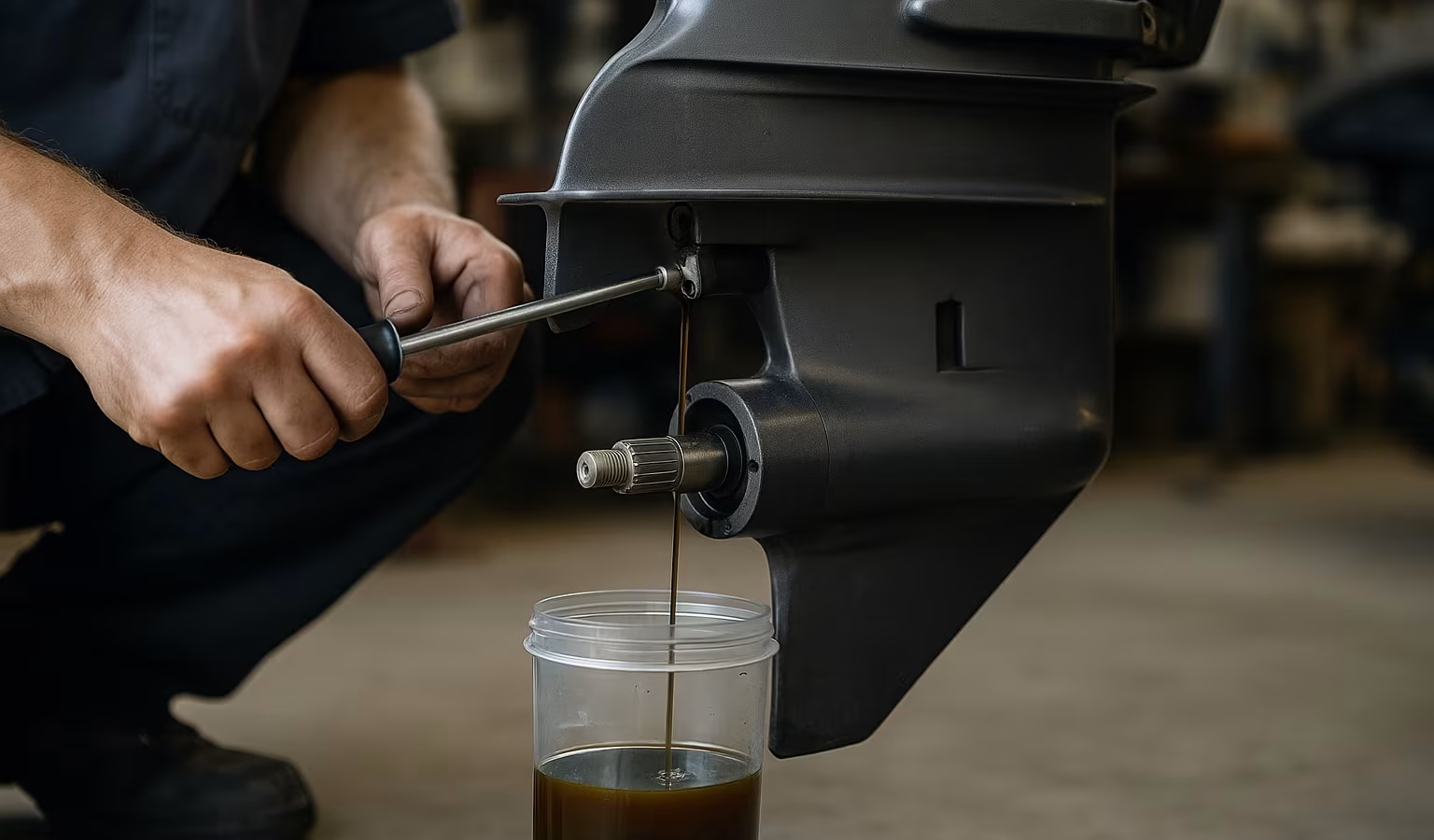 Mechaniker lässt Getriebeöl aus dem Unterwasserteil eines Außenborders in einen Becher ab