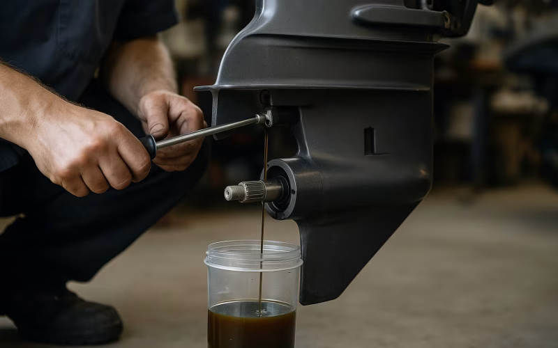Mechaniker lässt Getriebeöl aus dem Unterwasserteil eines Außenborders in einen Becher ab