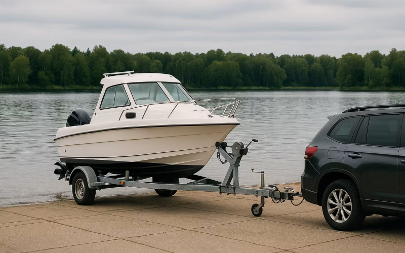 Weißes Motorboot auf einem Trailer hinter einem SUV an einer Slip-Rampe am See