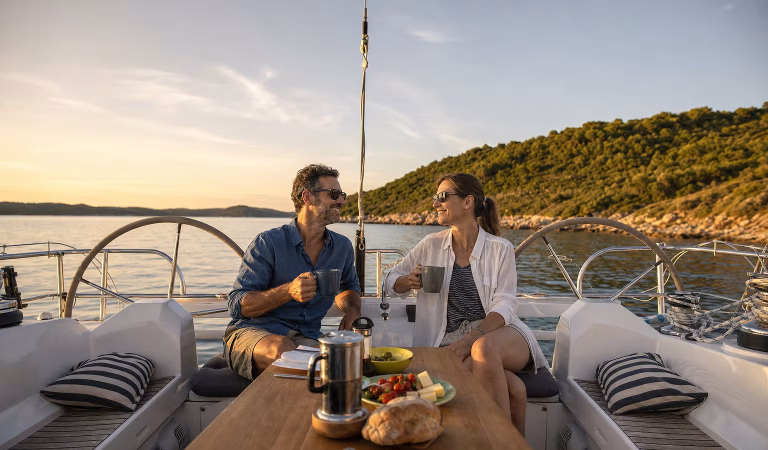 Paar sitzt entspannt im Cockpit einer Segelyacht vor Anker in einer Bucht in der Abendsonne