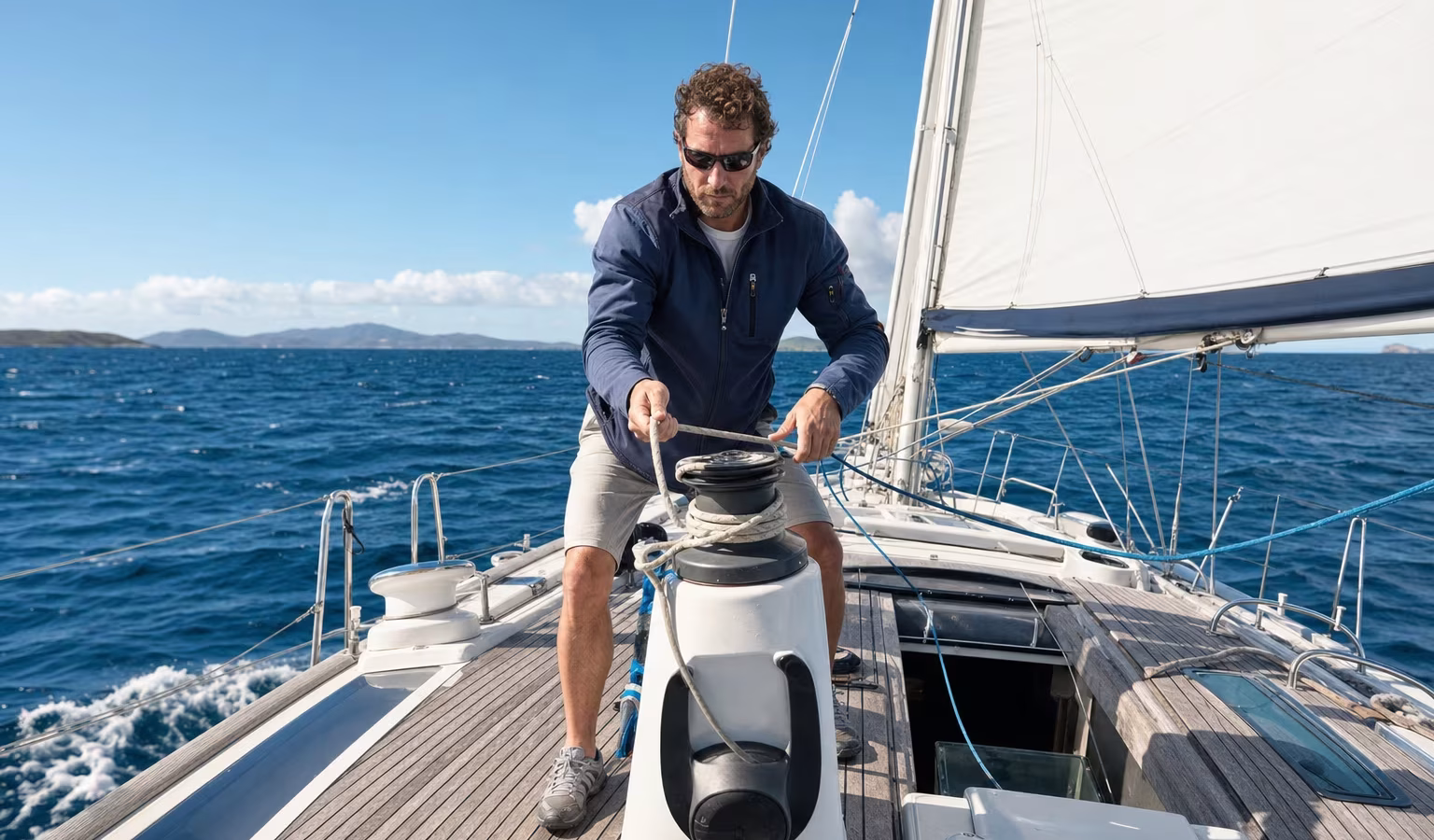 Hände trimmen eine Genuaschot an der Winsch einer Segelyacht unter vollen Segeln auf blauem Meer