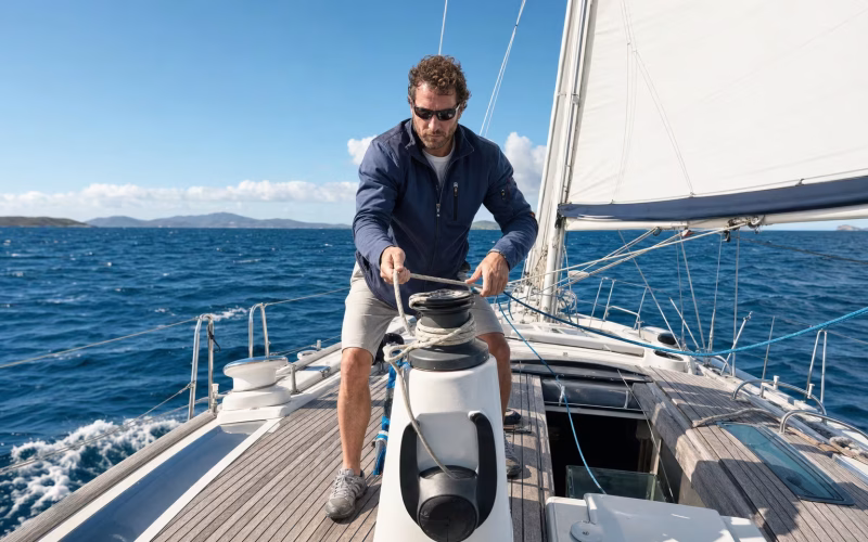 Hände trimmen eine Genuaschot an der Winsch einer Segelyacht unter vollen Segeln auf blauem Meer