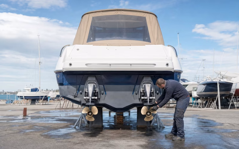 Mechaniker prüft die Propeller am Heckantrieb eines aufgebockten Motorboots im Bootslager