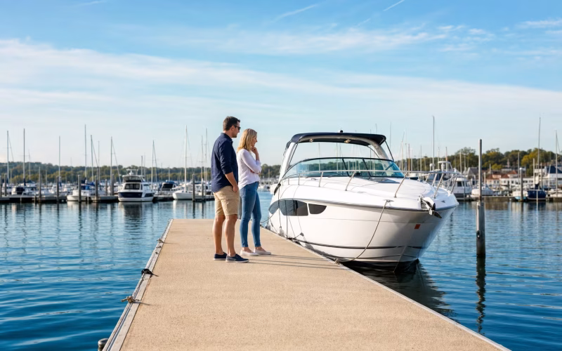 Paar steht auf einem Steg in der Marina und betrachtet ein neues Motorboot
