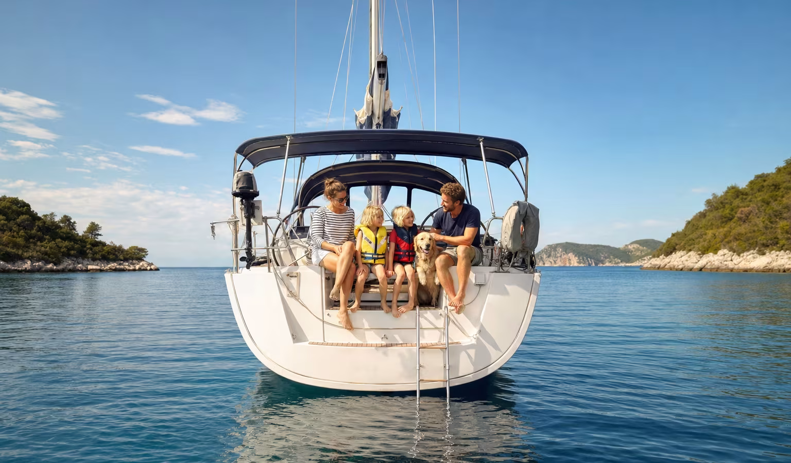 Familie mit zwei Kindern in Rettungswesten und einem Hund entspannt im Cockpit einer Segelyacht in einer Bucht