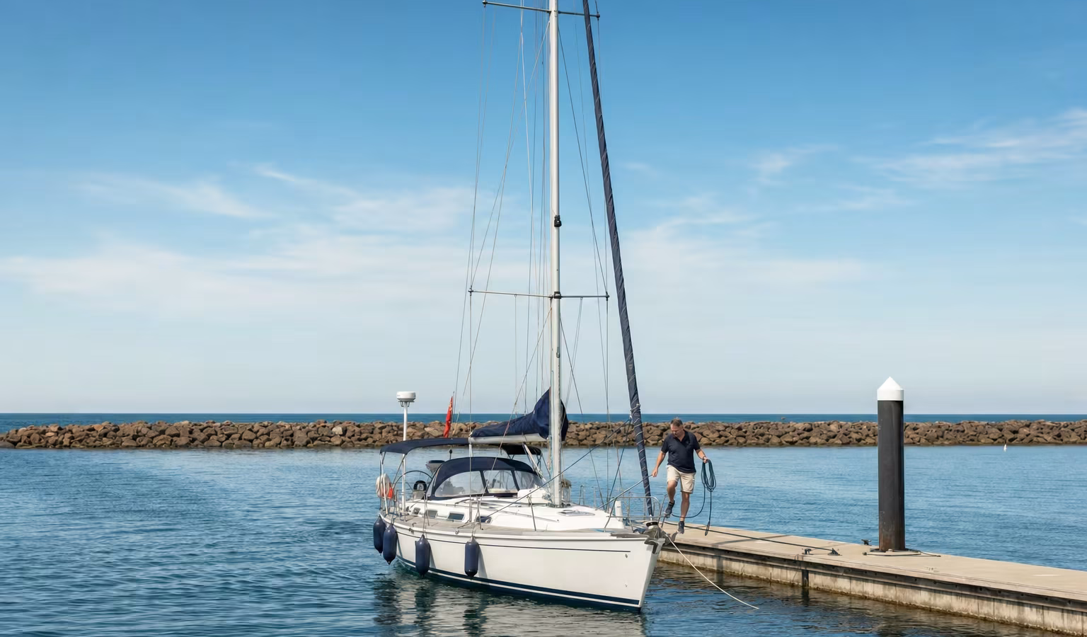 Segelyacht legt an einem Steg in einer ruhigen Marina an, ein Crewmitglied geht mit der Leine an Land