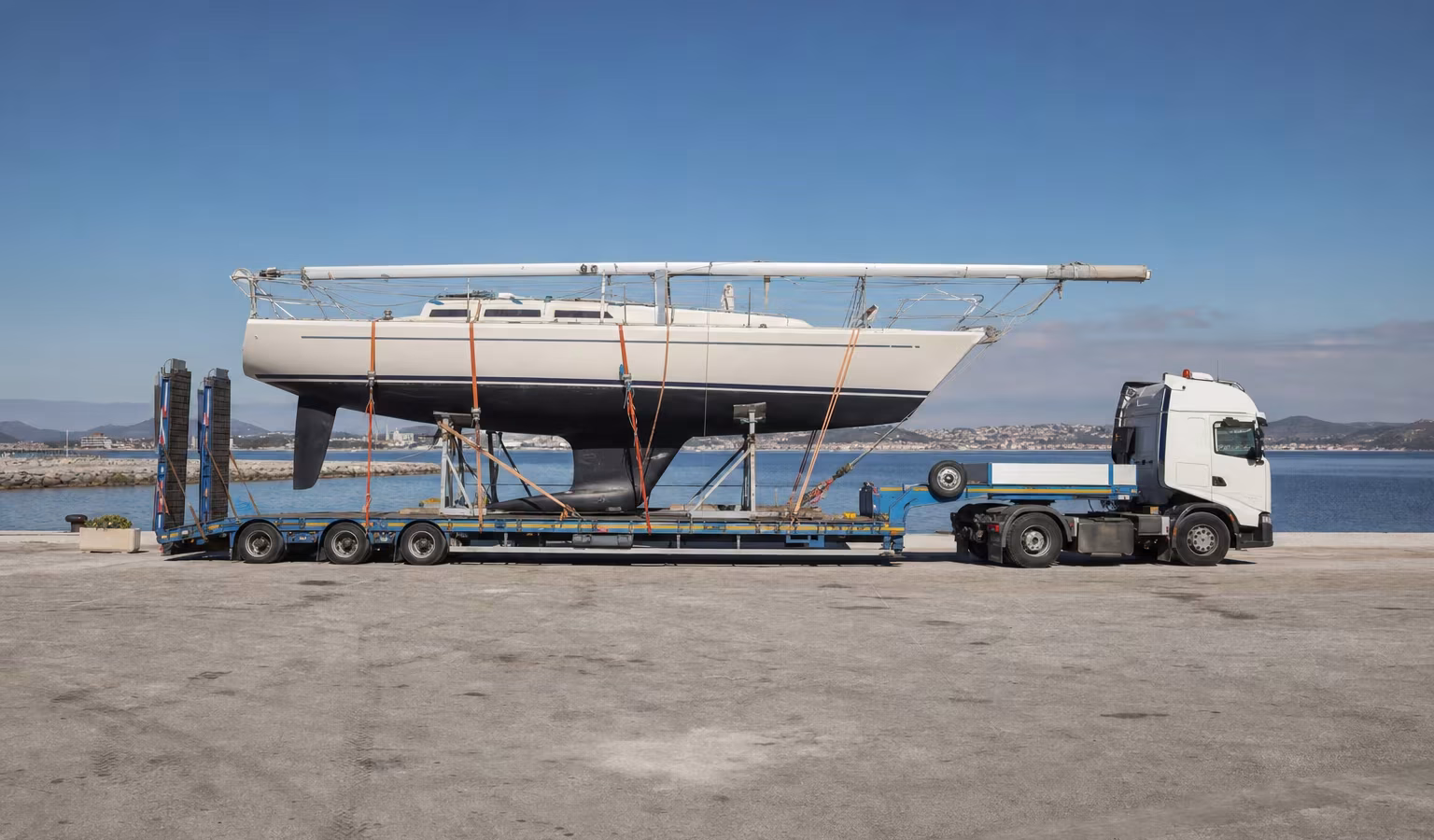 Segelyacht auf einem Tieflader-Anhänger zum Transport, geparkt an einem Hafen bei Sonne