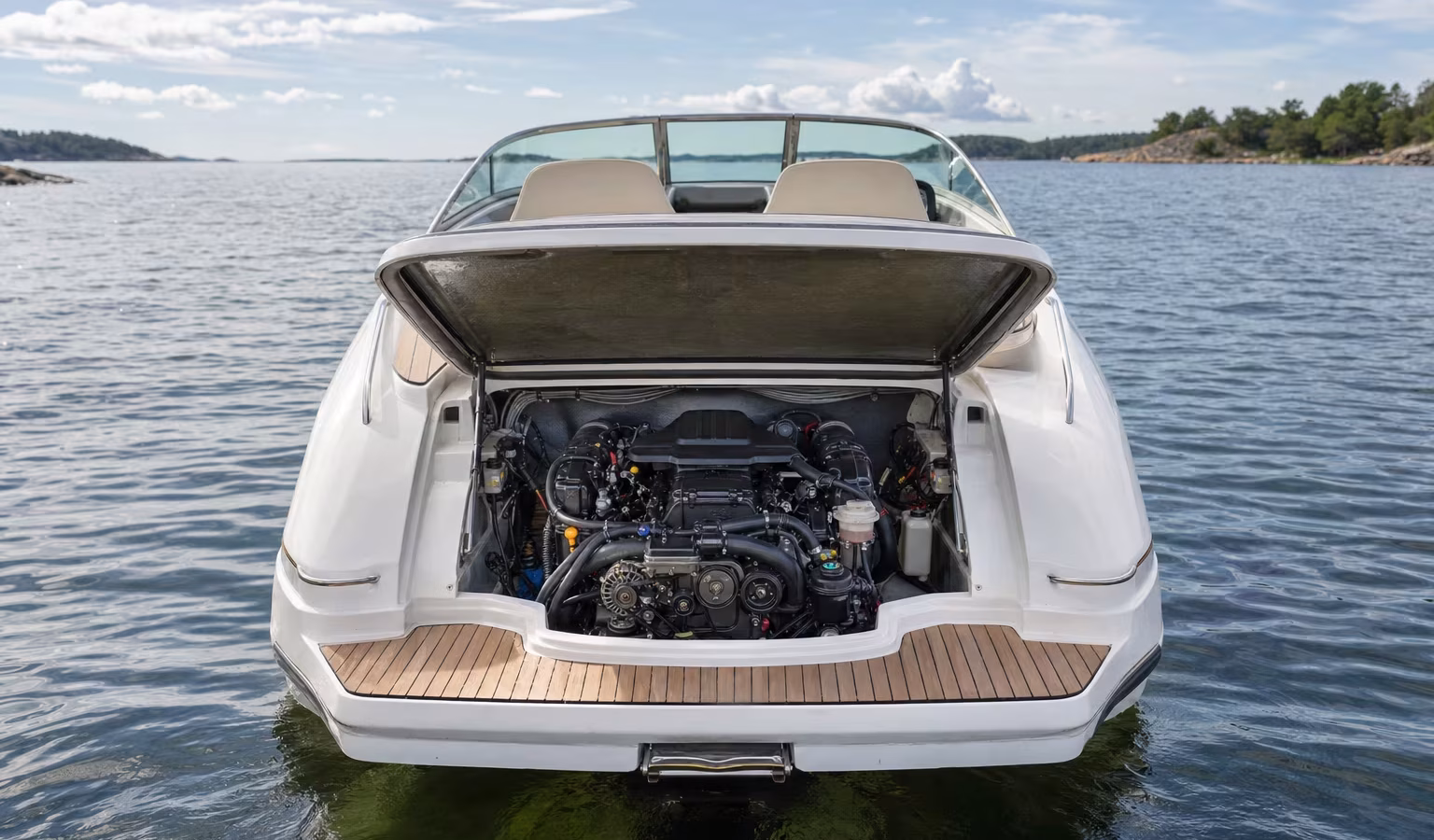 Marine-Dieselmotor im offenen Motorraum eines Bootes mit Schläuchen und Riemen