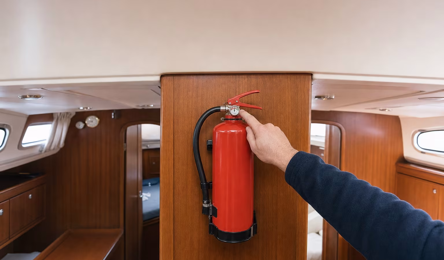 Roter Feuerlöscher an einem Holzschott in der Kajüte eines Bootes, eine Hand prüft ihn