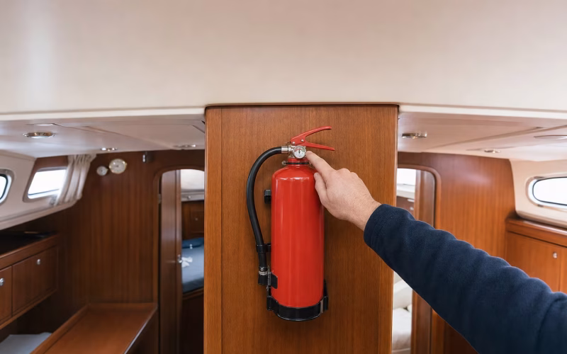 Roter Feuerlöscher an einem Holzschott in der Kajüte eines Bootes, eine Hand prüft ihn