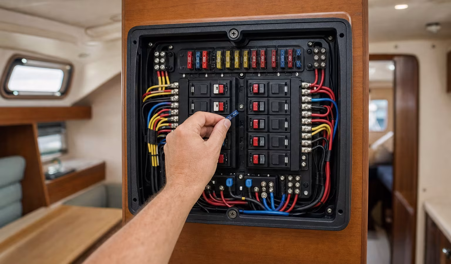 Marine-Schalttafel mit Sicherungen und farbiger Verkabelung im Boot, eine Hand prüft einen Schalter