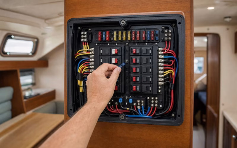 Marine-Schalttafel mit Sicherungen und farbiger Verkabelung im Boot, eine Hand prüft einen Schalter