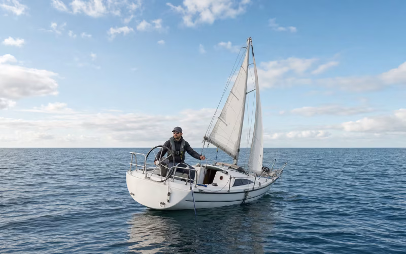 Einhandsegler steuert und trimmt allein im Cockpit einer Segelyacht auf blauem Wasser