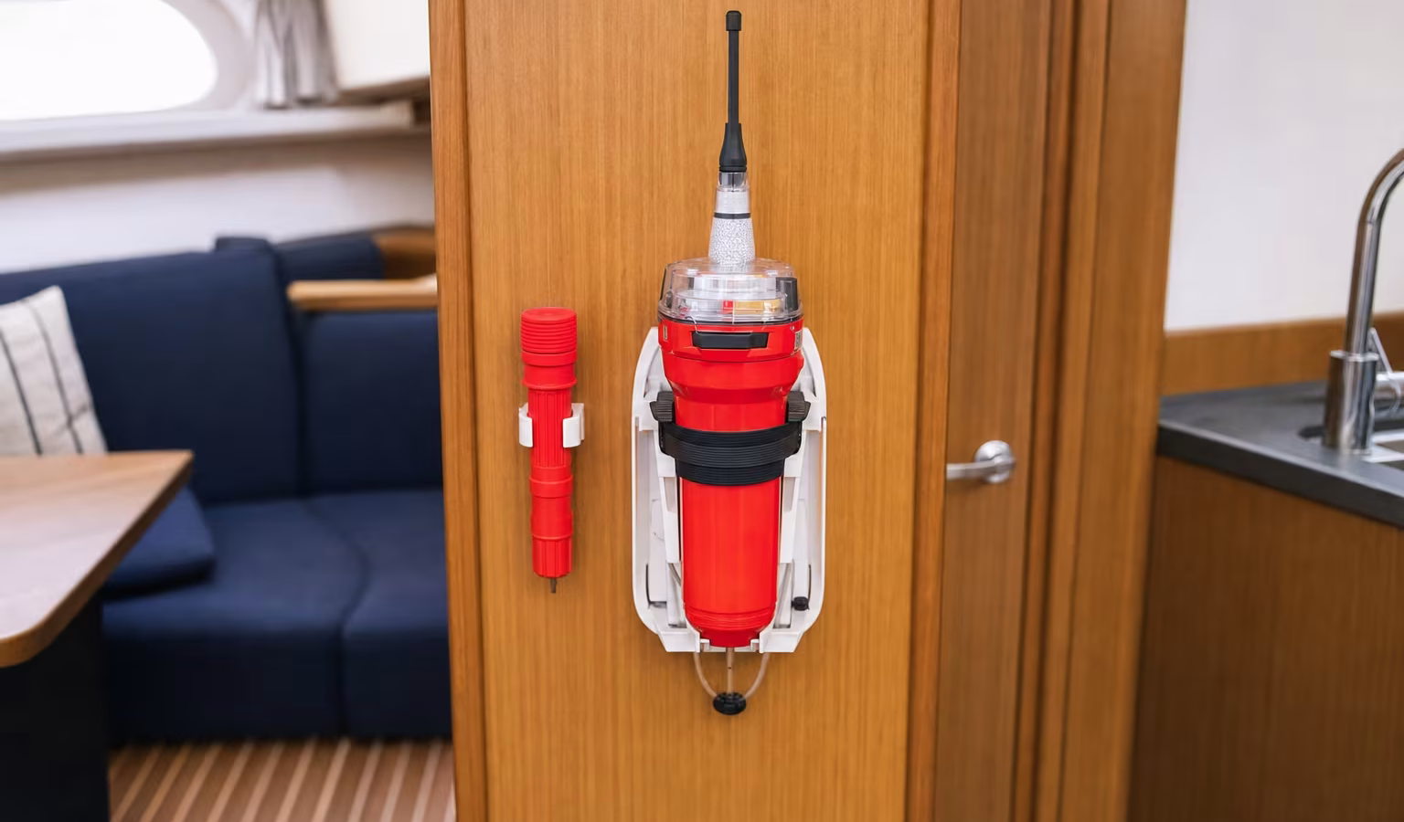 Rote EPIRB-Notfunkbake in der Halterung an Bord neben einer roten Handfackel