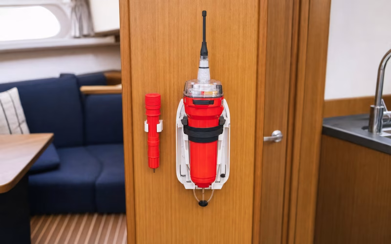 Rote EPIRB-Notfunkbake in der Halterung an Bord neben einer roten Handfackel