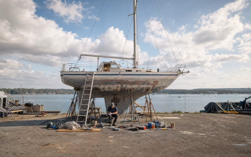 Segelboot im Bootslager während eines Refits, der Innenraum teilweise entkernt, Werkzeug und Material