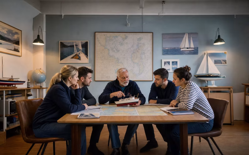 Kleine Gruppe lernt in einer Bootsschule am Tisch mit Seekarte und einem Modellboot