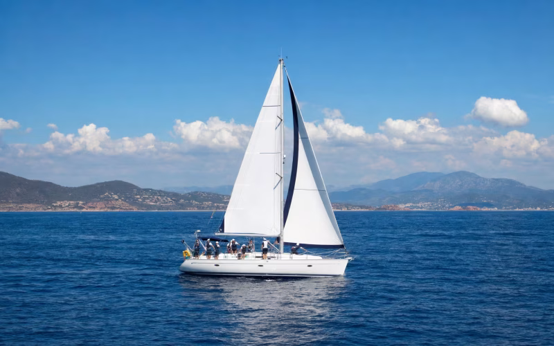 Segelyacht mit übender Crew auf einem Küstentörn auf offenem blauem Wasser