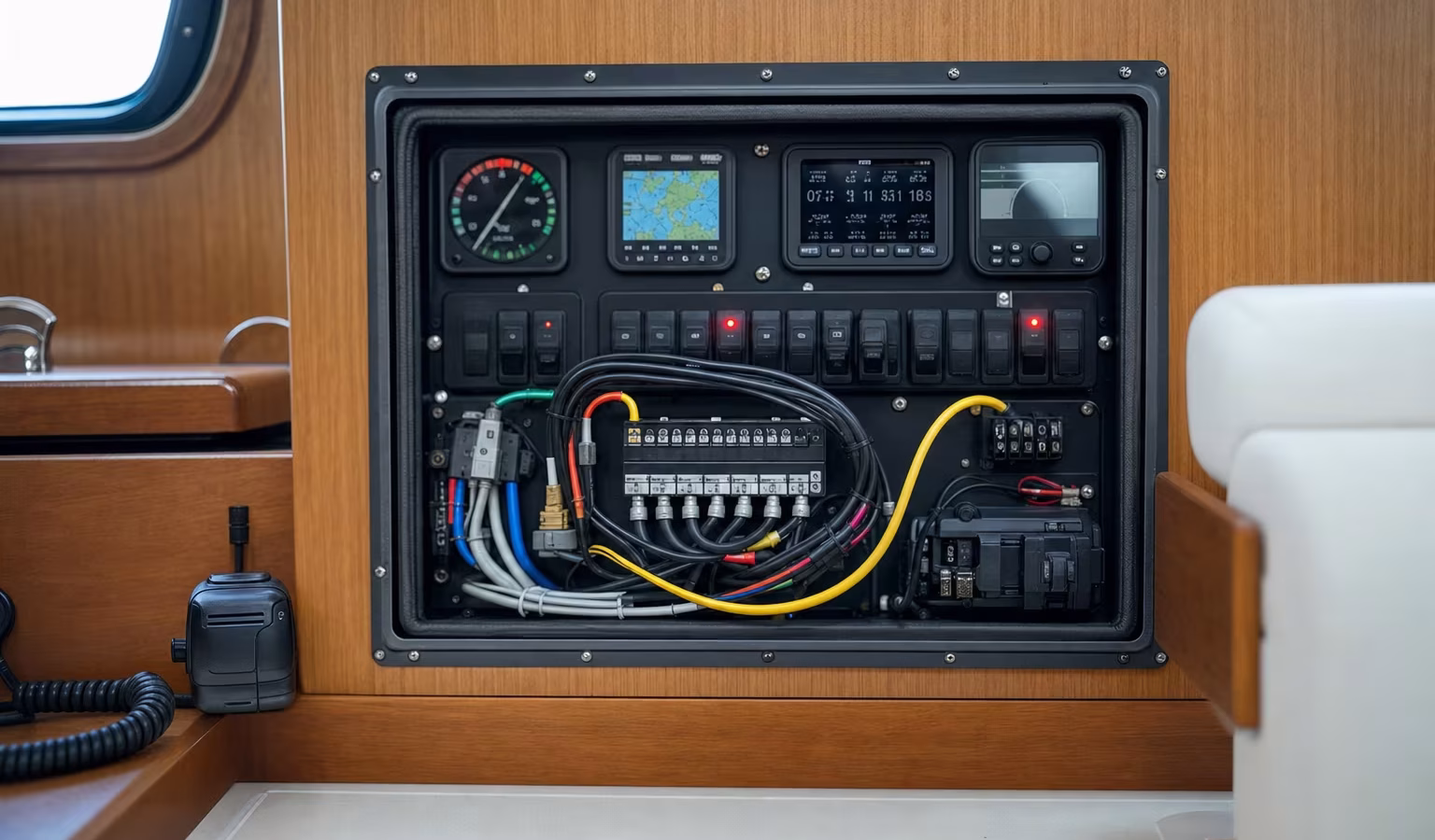 Vernetzte Bootselektronik und ein NMEA-Backbone-Kabel hinter der Schalttafel eines Bootes