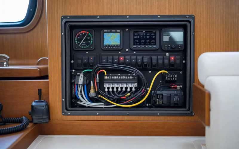 Vernetzte Bootselektronik und ein NMEA-Backbone-Kabel hinter der Schalttafel eines Bootes