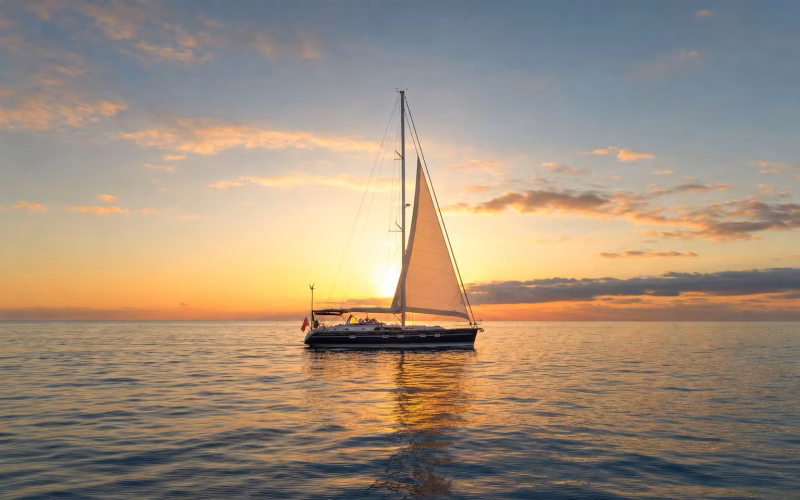 Segelyacht auf langer Passage auf dem offenen Mittelmeer im goldenen Licht des Sonnenaufgangs