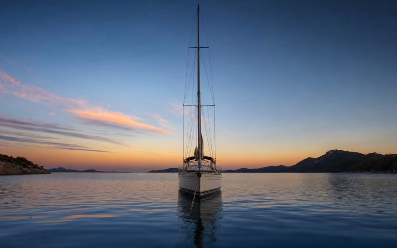 Segelyacht vor Anker in ruhiger Bucht in der Abenddämmerung
