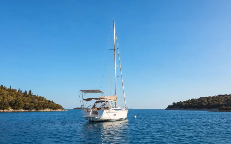 Segelyacht mit Solarpanel auf dem Heckbügel liegt in sonniger Bucht vor Anker