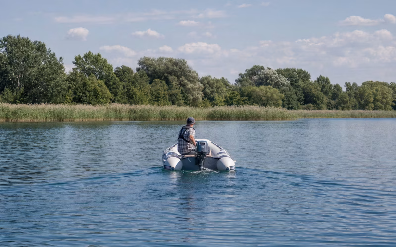 Schlauchboot mit 15-PS-Außenborder auf einem ruhigen See
