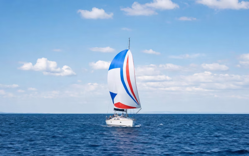 Segelyacht unter buntem Gennaker bei raumem Wind und Sonne