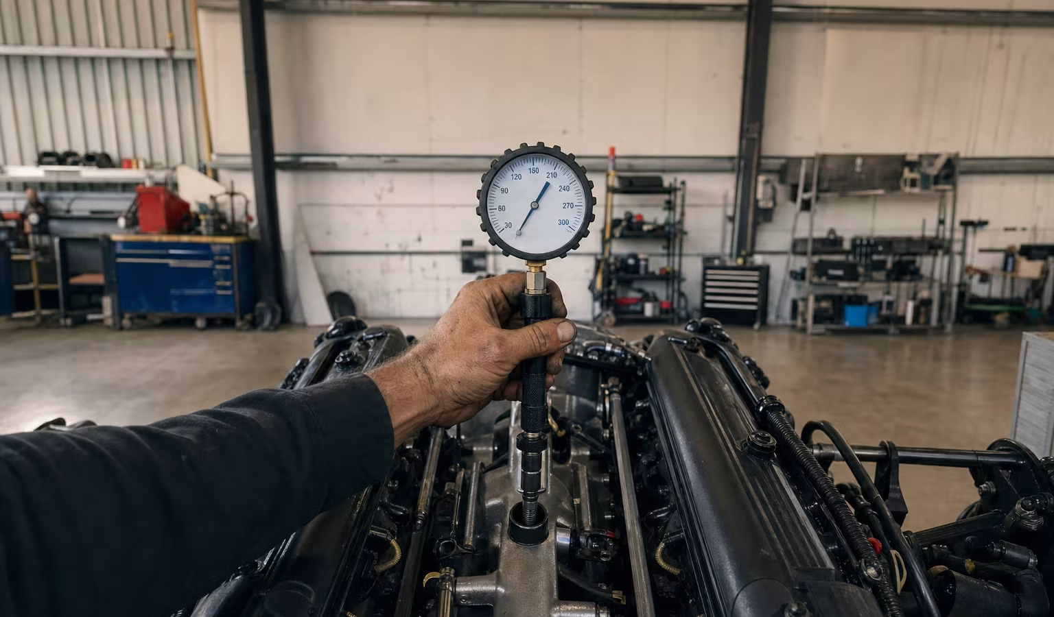 Kompressionsprüfer mit Manometer am Zylinder eines V8-Bootsmotors