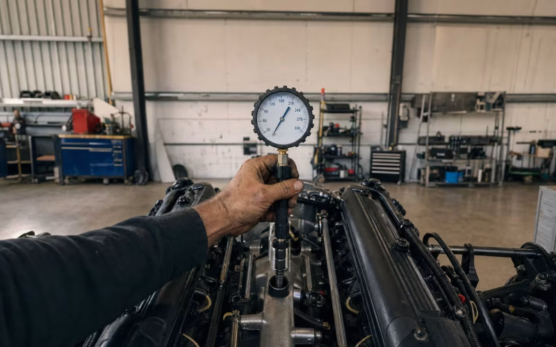 Kompressionsprüfer mit Manometer am Zylinder eines V8-Bootsmotors